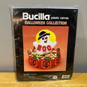 Vintage Bucilla 1990 Halloween Boo Basket Plastic Canvas Kit 6035 Ghost Pumpkin
